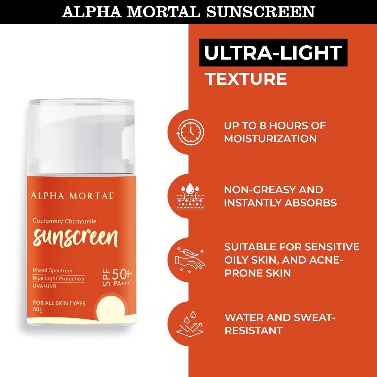 Alpha Mortal Sunscreen Gel SPF 50 PA+++ | Non-Greasy, No White Cast | Blue Light, UVA & UVB Protection | For All Skin Types | Lightweight Formula with Chamomile | 50g