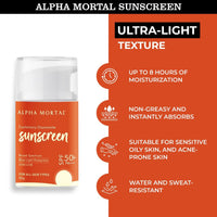 Alpha Mortal Sunscreen Gel SPF 50 PA+++ | Non-Greasy, No White Cast | Blue Light, UVA & UVB Protection | For All Skin Types | Lightweight Formula with Chamomile | 50g