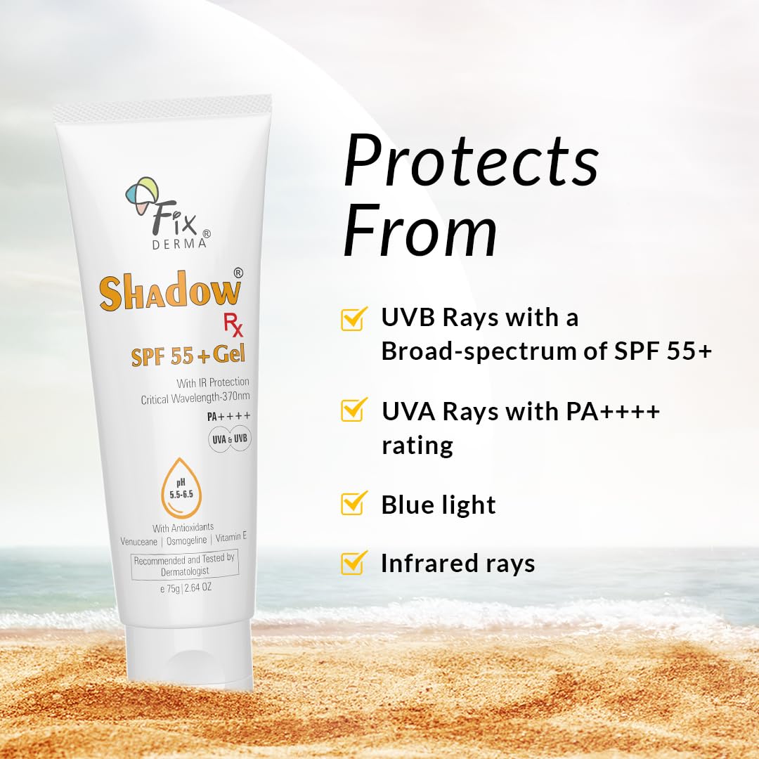 Fixderma Shadow RX Sunscreen SPF 55+ Gel PA+++ | Sunscreen for Oily Skin | Minimum Sunscreen SPF 50 | Sunscreen for Body & Face | Hybrid Sunscreen with UVA, UVB, IR Protection and Vitamin E - 75gm