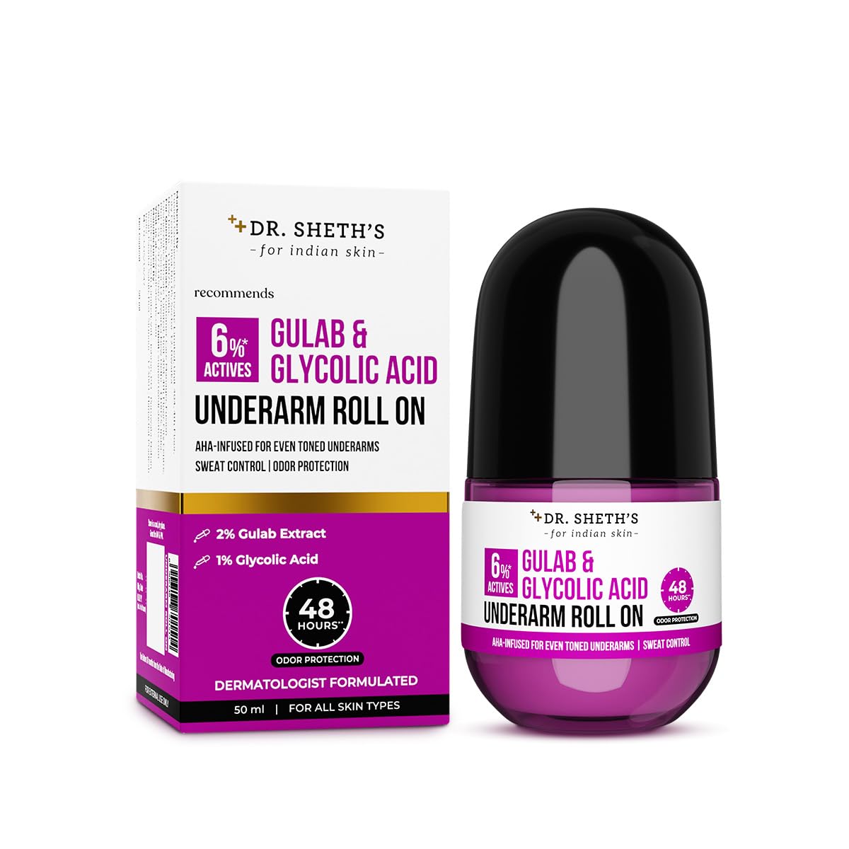 Dr. Sheth’s Gulab & Glycolic Acid Underarm Roll-On | 6% Actives | 48-Hours Odor Protection | AHA Based | Aluminum & Alcohol Free | Sweat Control & Fades Pigmentation | Floral Fragrance | For Men & Women | 50 ml