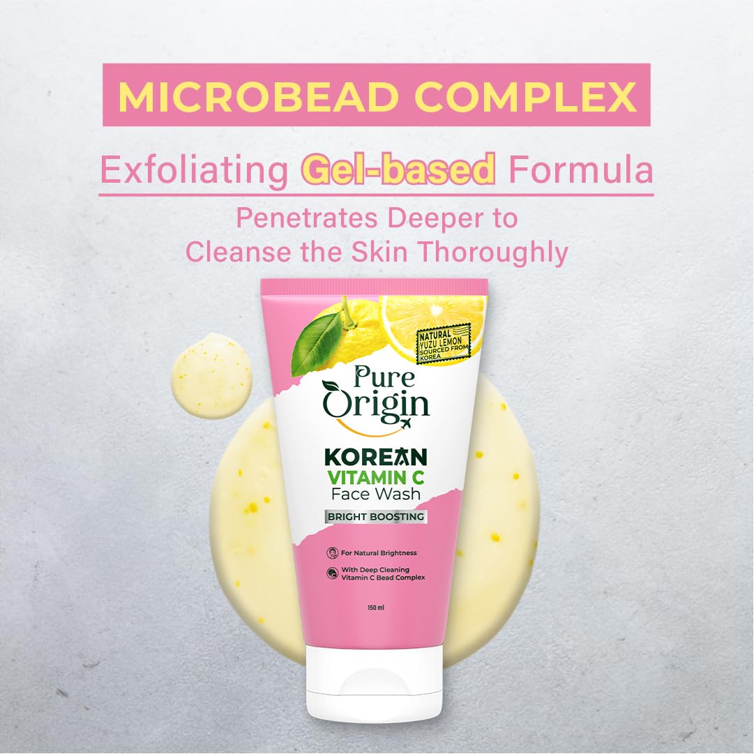Pure Origin Korean Vitamin C Bright Boosting Light Gel Sunscreen SPF 50 PA++++ & Face Wash Combo | Face wash for deep cleansing for Brighter, Glowing and soft skin | Light Gel Sunscreen with No White Cast | Face serum for Brighter, Glowing and soft skin |