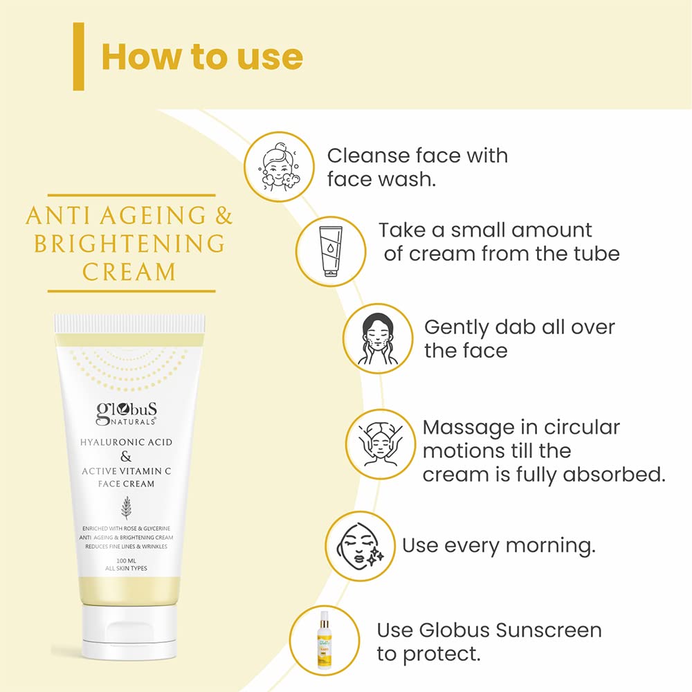 Globus Naturals Hyaluronic Acid & Vitamin C Anti Ageing Face Cream, Enriched with Rose & Glycerine, Skin Lightening & Brightening Formula, 100 ml, Pack Of 2