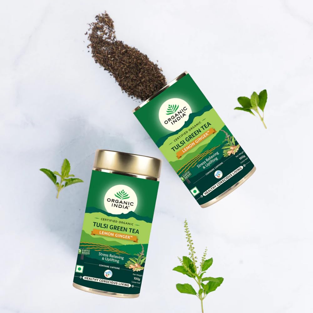 A TATA Product - Organic India Tulsi Green Tea Lemon Ginger - 100g Tin Container, Herbal Blend with Green Tea, Tulsi, Lemon & Ginger, Supports Digestion, Refreshing Taste, Natural Ingredients