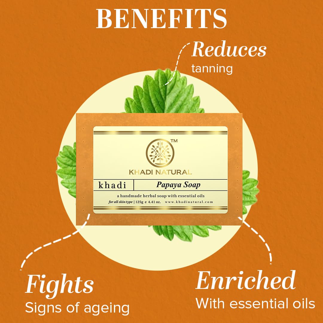 Khadi Natural Papaya Handmade Soap| Herbal Soap for tan removal| Handmade bathing soap| Suitable for all skin types|Pack of 3 (125gm*3) (375gm)