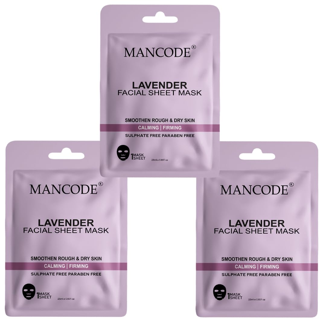 Mancode Lavender Facial Sheet Mask 25ml Smoothen Rough & Dry Skin Calming Firming Pore Reducing, Brightening and Enhances Daily Glow | Korean Sheet Mask for Men Women Sheet Mask Set Combo Pack of 3