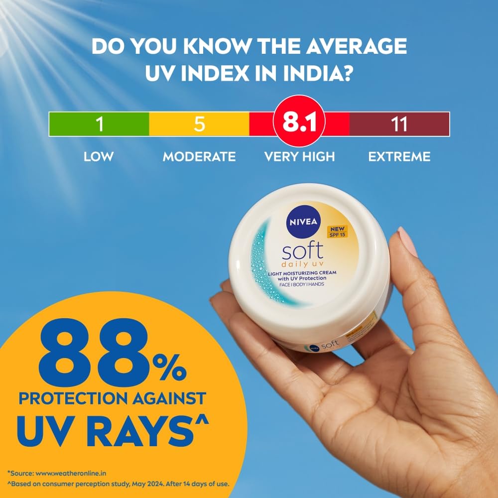 NIVEA Soft Daily UV Light Moisturising Cream with SPF-15, Vitamin E, Shea butter and Jojoba oil | Light Weight & Non Greasy | 48 H Hydration| UV Protection | All Skin types |100ml