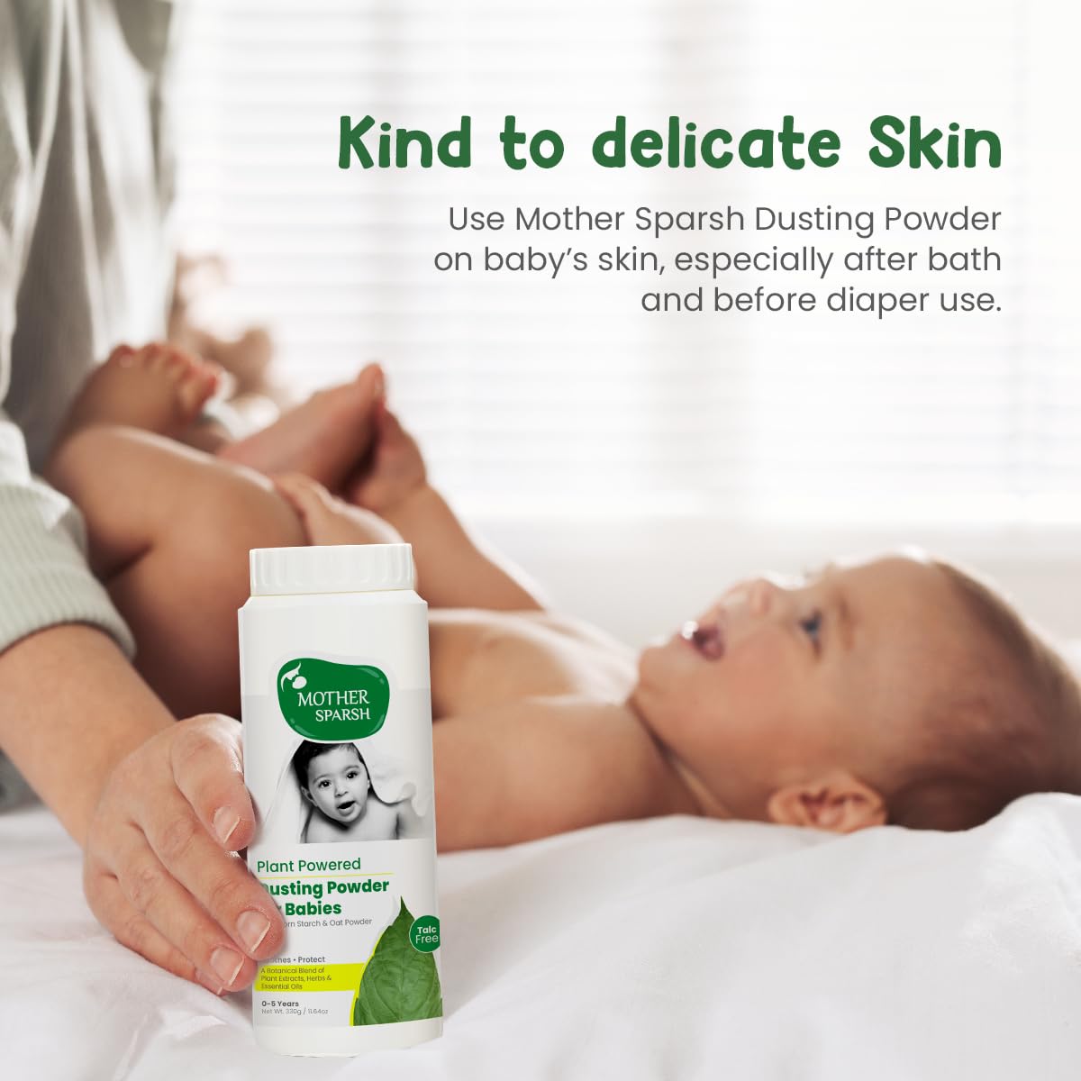 Mother Sparsh Plant Powered Dusting Powder For Babies - 330g | Talc Free Baby Powder With Corn Starch & Oat Powder