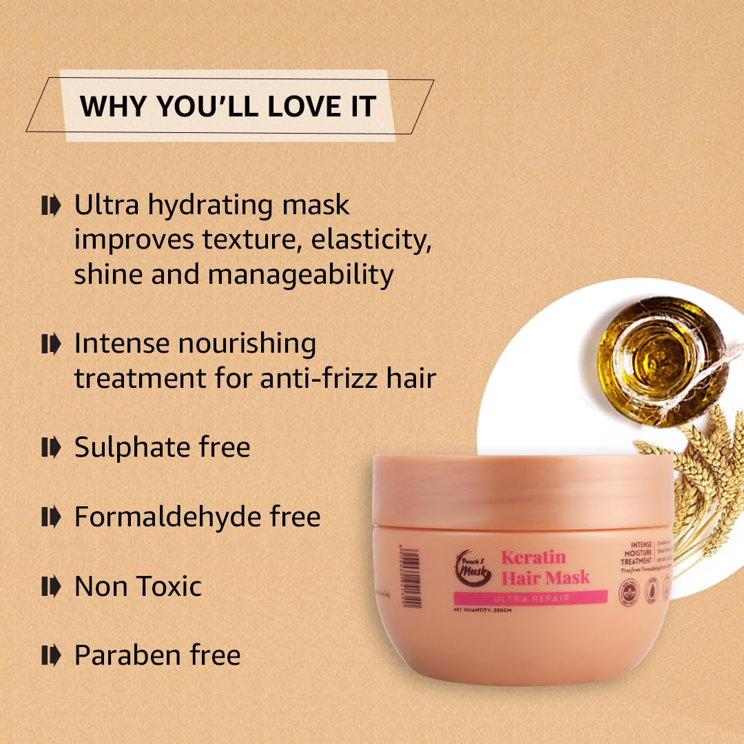 Peach and Musk Ultra Repair Keratin Hair Mask for Dry & Damaged Hair, Infused with Wheat Protein & Vitamin B5, Control Frizz, Smooth and Managable Hair, Sulphate, SLS & Paraben Free - 200gm