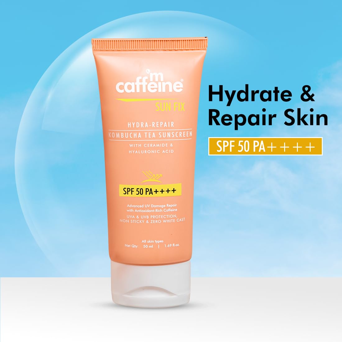 mCaffeine Kombucha Hydra Repair Sunscreen SPF50 PA++++ | UVA & UVB Protection, No White Cast | Hyaluronic Acid, Ceramides Sunscreen for Hydration & Barrier Repair | All Skin Types - 50ml