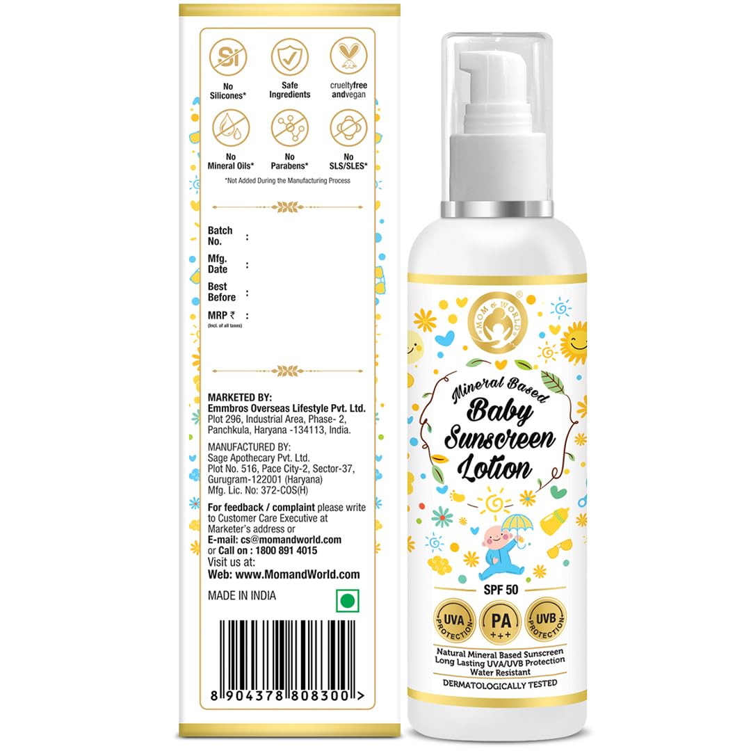 Mom & World Mineral Based Baby Sunscreen Lotion, Spf 50 Pa+++, Uva/Uvb Protection, Water Resistance, 120 ml
