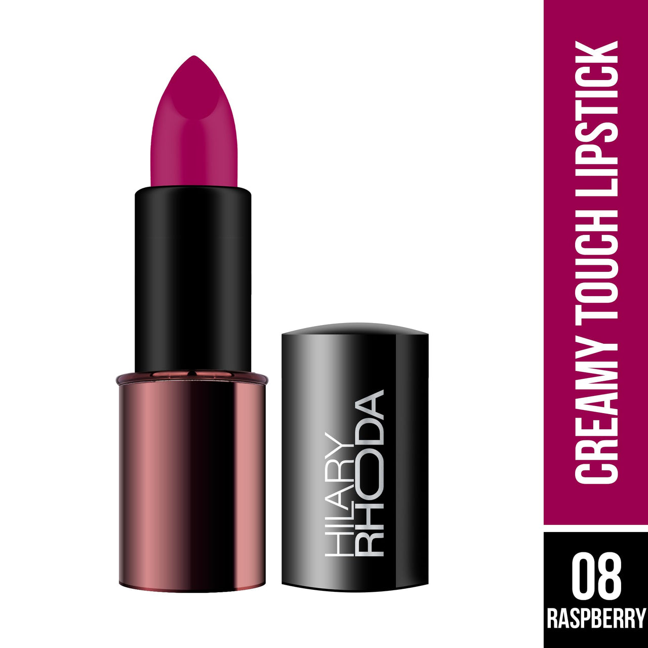 Hilary Rhoda Creamy Touch Lipstick | Infused with Olive Oil, Shea Butter & Vitamin E | Highly Pigmented & Creamy Texture | Long Lasting & Keeps Lips Moisturising - 4g (Raspberry - Shade 08)