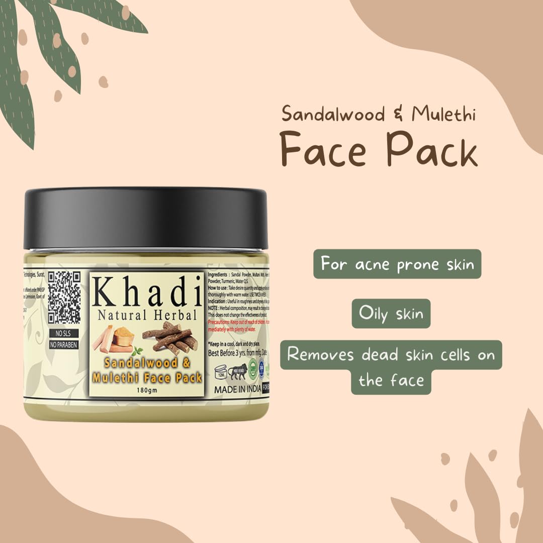 Khadi Natural Herbal Sandalwood Face Pack For Skin Brightening 180gm Pack | Enriched With 100% Natural Pure Sandalwood Powder & Mulethi For Skin Glowing | Reduce Acne & Control Excess Oil Suitable For All Skin Types | Sls & Parben Free Face Pack