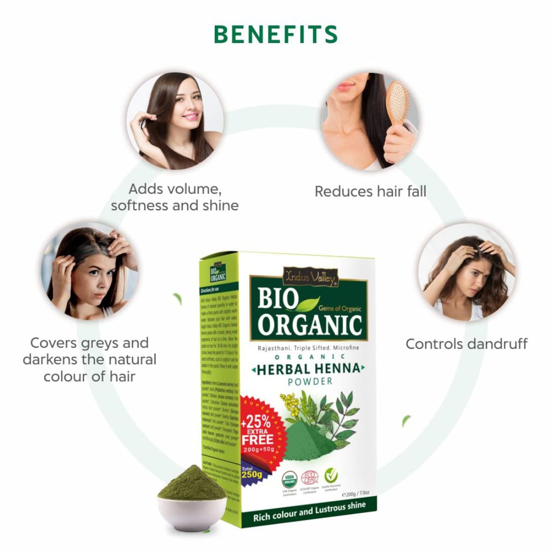 INDUS VALLEY Bio Organic Herbal Henna Powder (200g + 50g=250g) - Green