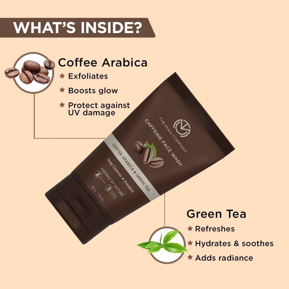 The Man Company Coffee Face Wash for Deep Cleansing & Oil Control - 100ml | Tan Removal with Coffee Arabica & Green Tea Extracts | Soothes Skin