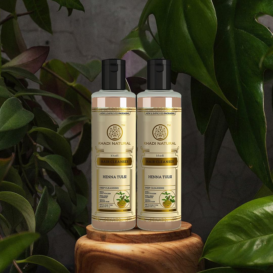 Khadi Natural Henna & Tulsi Herbal Shampoo | Gentle Cleanser for Hair Strength | Promotes Shinier Hair | Natural Herbal Formula- Pack of 2 (210 ml x 2)
