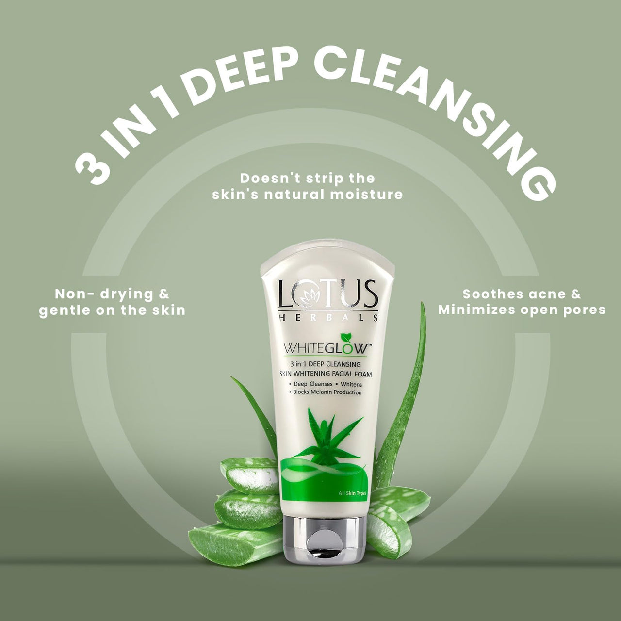 Lotus Herbals 3 in 1 Deep Cleansing Facial Foam | Face Wash for Women & Men | Blocks Melanin Production | Acne-Control & Oil-Control | Fades Dark Spots | Suitable For Oily, Combination, Normal & Dry Skin | 100g