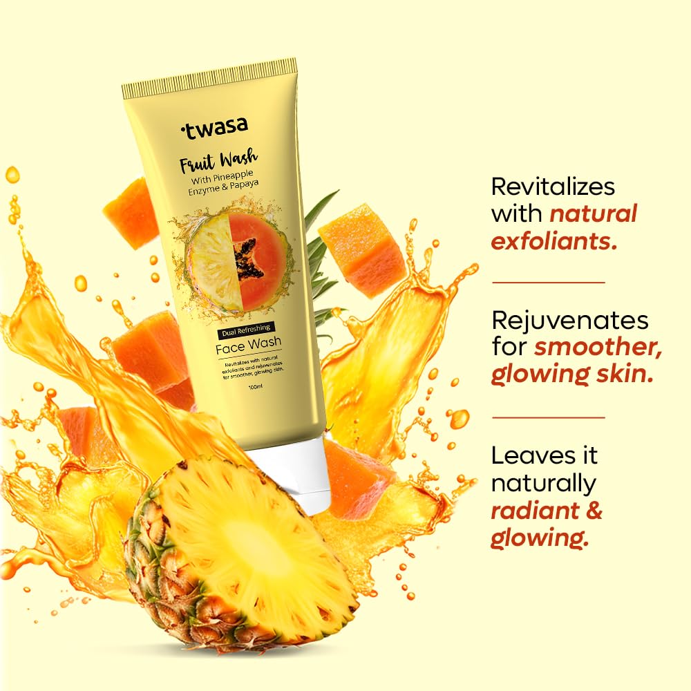 Twasa Pineapple Enzyme & Papaya Fruit Face Wash For Gently Exfoliates, Reduce Dark Spots & Glowing Skin | Cleanser For Brightening & Evens Skin Tone | For Men & Women - 100ml