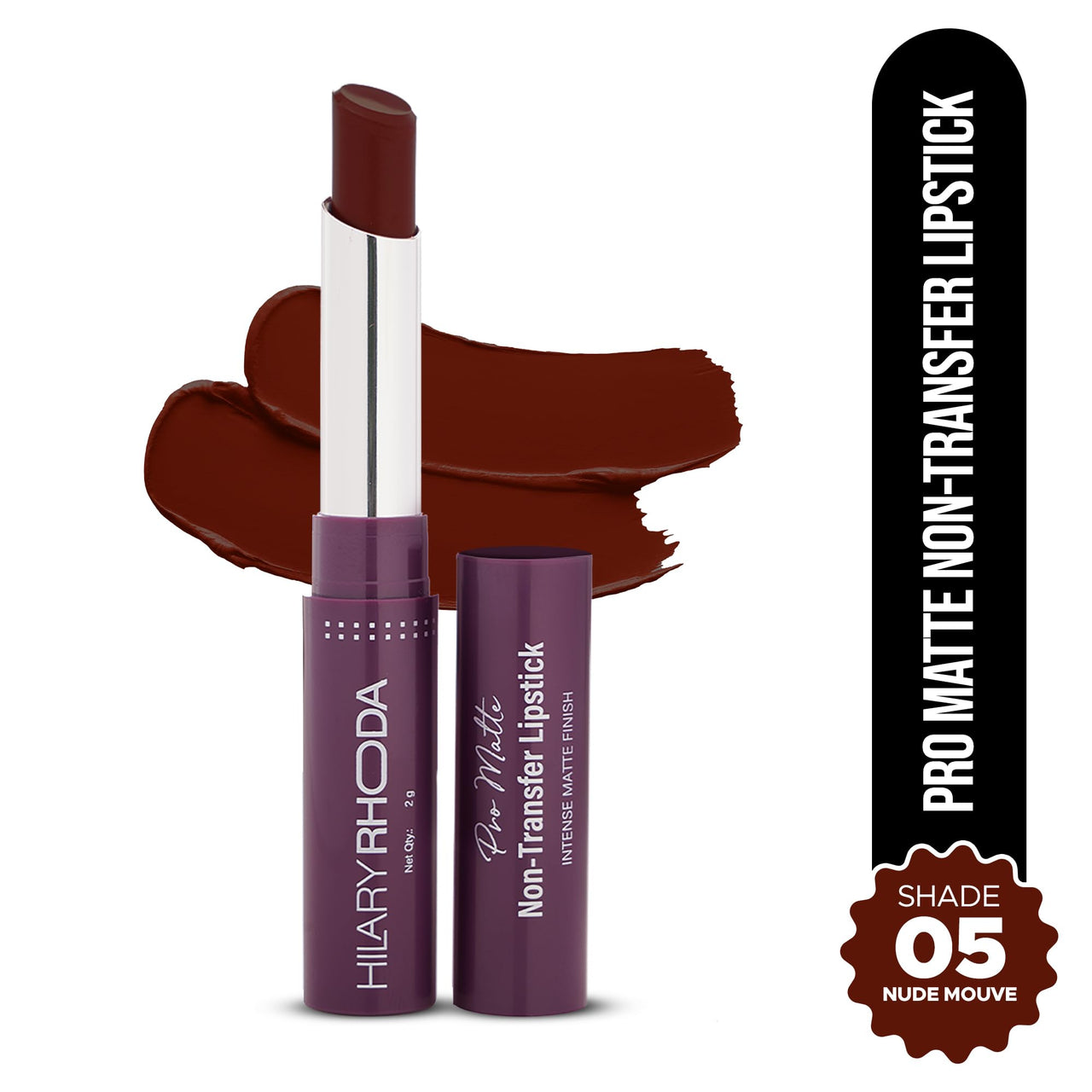 Hilary Rhoda Pro Matte Non-Transfer Lipstick | Waterproof & Smudge-Proof | 12-Hour Long Stay | 24 Shades Available | Highly Pigmented Matte Finish Lipstick | 2g - (Nude Mouve | Shade 05)