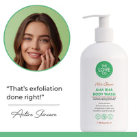 THE LOVE CO. AHA BHA Body Wash | 5% Glycolic, Lactic & Salicylic Acid | Gently Exfoliates, Fights Acne & Unclogs Pores | With Barrier-Boosting Ceramides | Sulphate-Free | Unisex | 236ml