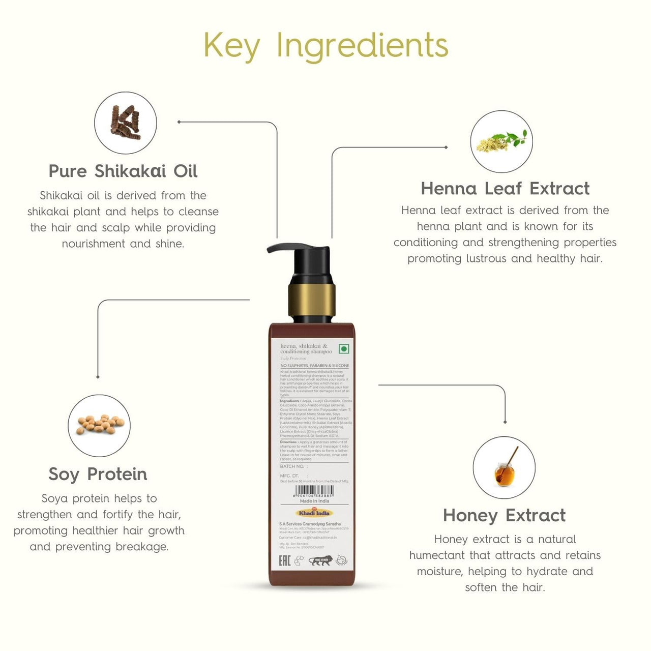Khadi Traditional Premium Henna, Shikakai & Honey Shampoo for Women and Men, Sulphate & Paraben Free Shampoo for Daily Usage, Natural Cleanser for Scalp Protection and Hair Growth, 200 ml