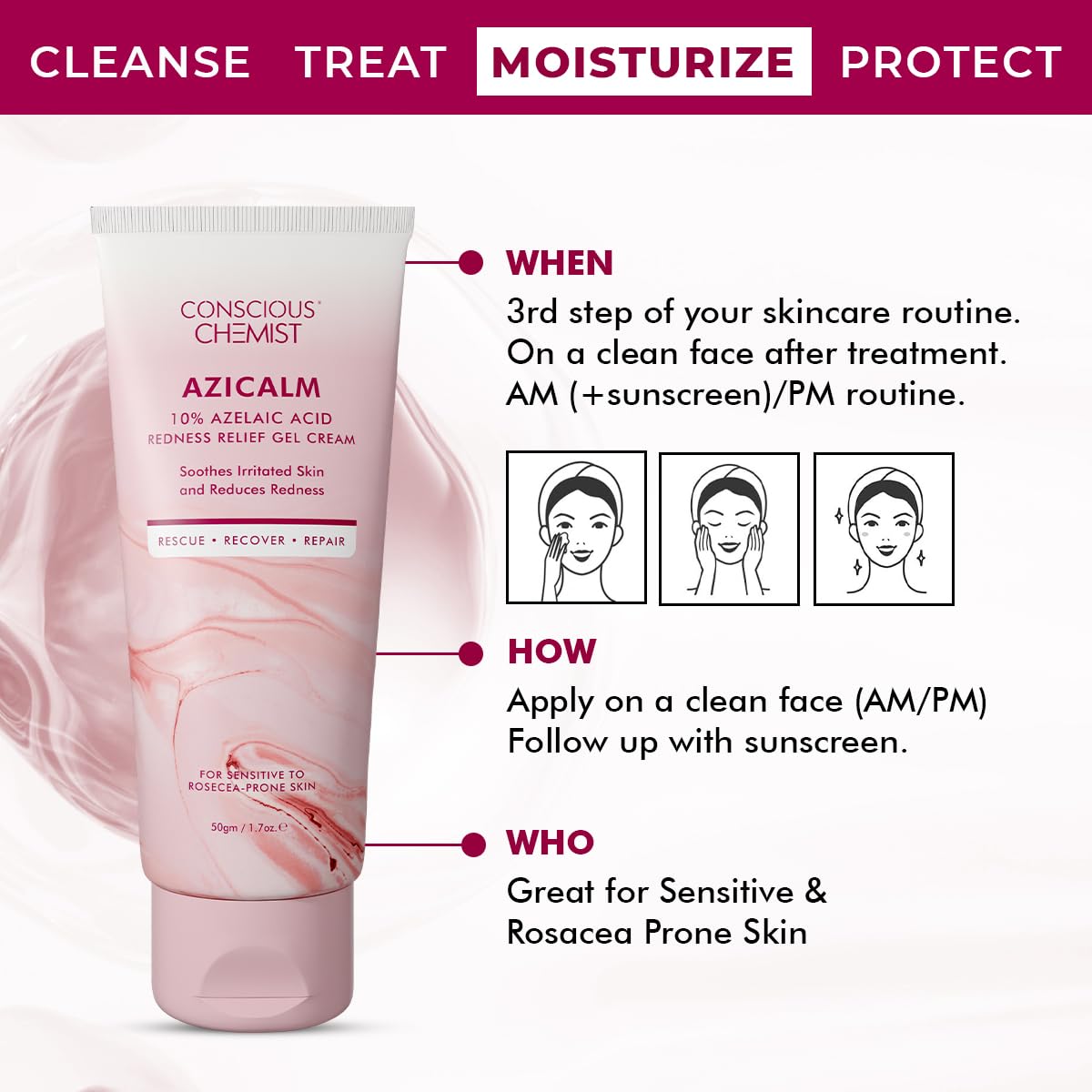 Conscious Chemist® 10% Azelaic Acid Cream | 50g | Face Cream for Men & Women, Moisturizer for Acne Prone Skin, Redness Relief, Soothe Irritation & Inflammation, All Skin Types - Azicalm