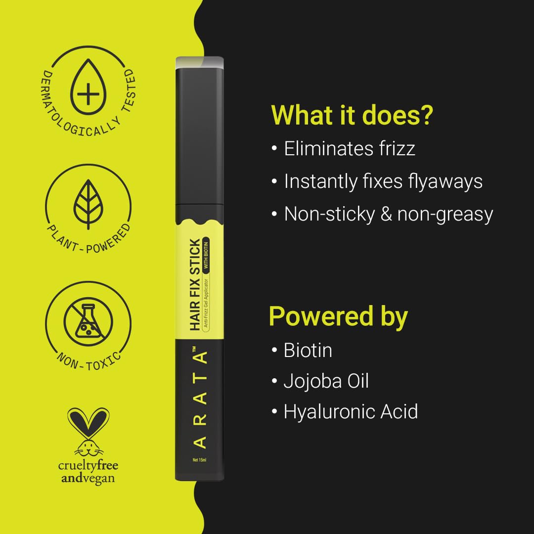 Arata Gel Based Hair Fix Stick for All Hair Types - 15ml | Baby Hair Fixer for Women | Hair Stick for Frizzy Hair | Infused With Biotin & Hyaluronic Acid | Easy To Carry, Non-Greasy, No White Cast