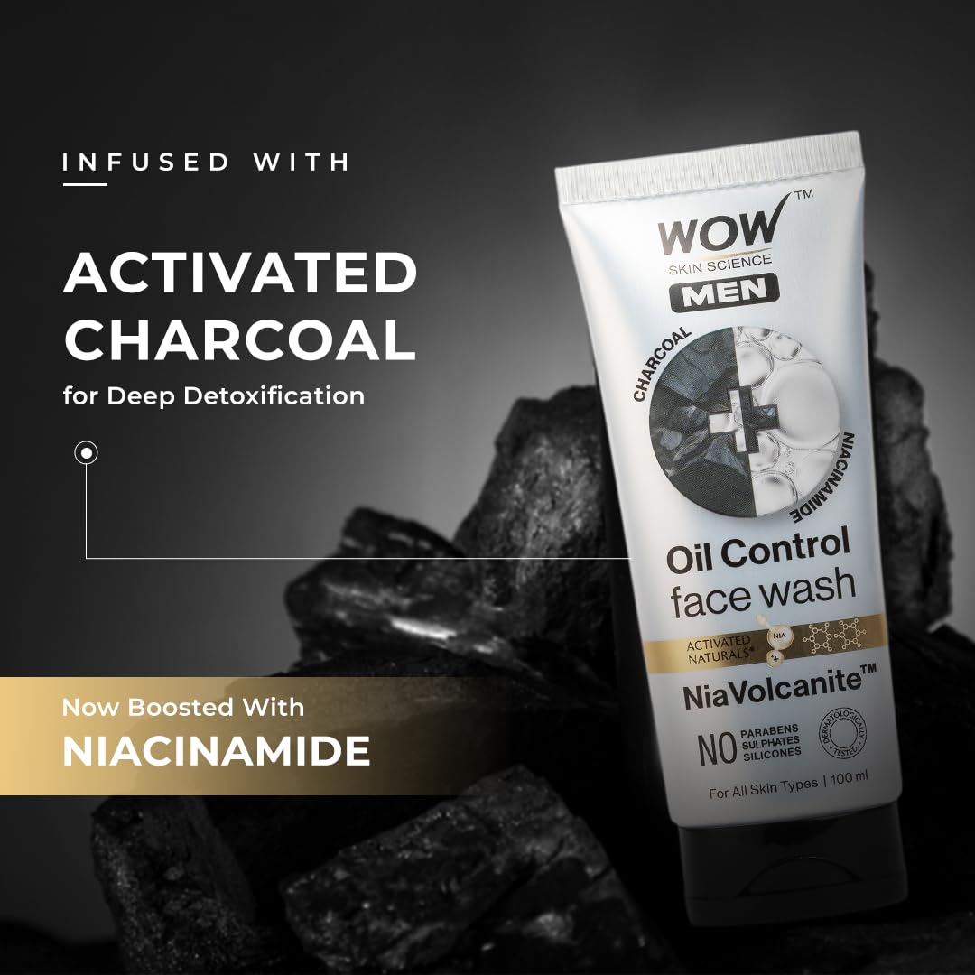 WOW Skin Science MEN CHARCOAL + NIACINAMIDE Oil-Control Face Wash | Absorbs Excess Oil & Deep Cleanses | NiaVolcanite™ Technology | No Sulphates, Parabens, or Silicones | 100ml