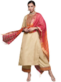INDO ERA Women's  Solid Cotton Blend Straight Kurta Palazzo With Dupatta Set
