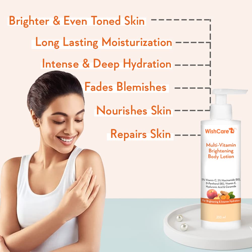 WishCare Multi-Vitamin Brightening Body Lotion - 5% Vitamin C, 5% Niacinamide(B3), Panthenol(B5), Vitamin E, Turmeric & Kakadu Plum - For Men & Women - 200 Ml