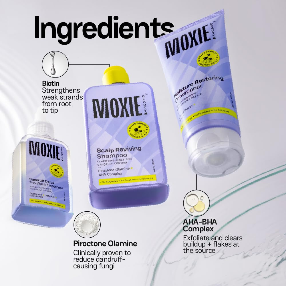 Moxie Beauty Scalp Essentials Trio | Dandruff Detox, Clarifying Cleanse & Hydration Boost | Glycolic, Lactic & Salicylic Acid + Piroctone Olamine + Cocoa Butter & Biotin | Clears Dandruff & Soothes Scalp | Paraben, Sulphate & Silicone-Free | Pre-Wash (100