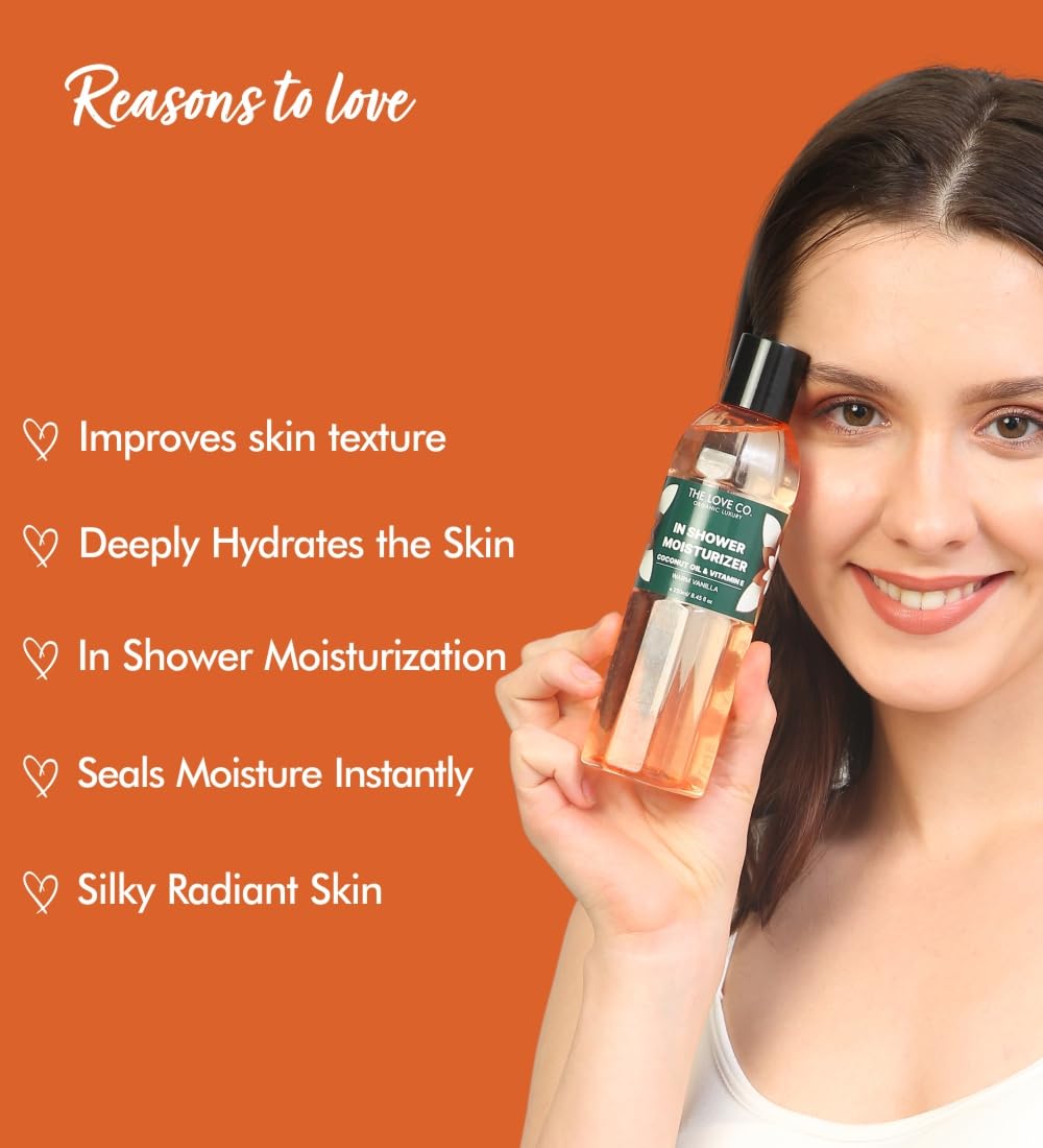 THE LOVE CO Warm Vanilla In-Shower Moisturizer for Dry Skin - Anti-Blemish, Even Skin Tone, 100% Natural, Non-Greasy Formula, Suitable for All Skin Types, Luxurious Skincare (250ml)