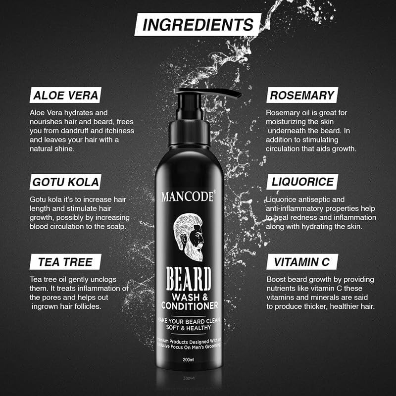 Mancode Beard Wash & Conditioner - 200ml | Conditions & Cleans Beard Mustache | Blended with Licorice, Vitamin C & Aloe vera | Natural & Organic Beard Shampoo for Men (Pack of 1)