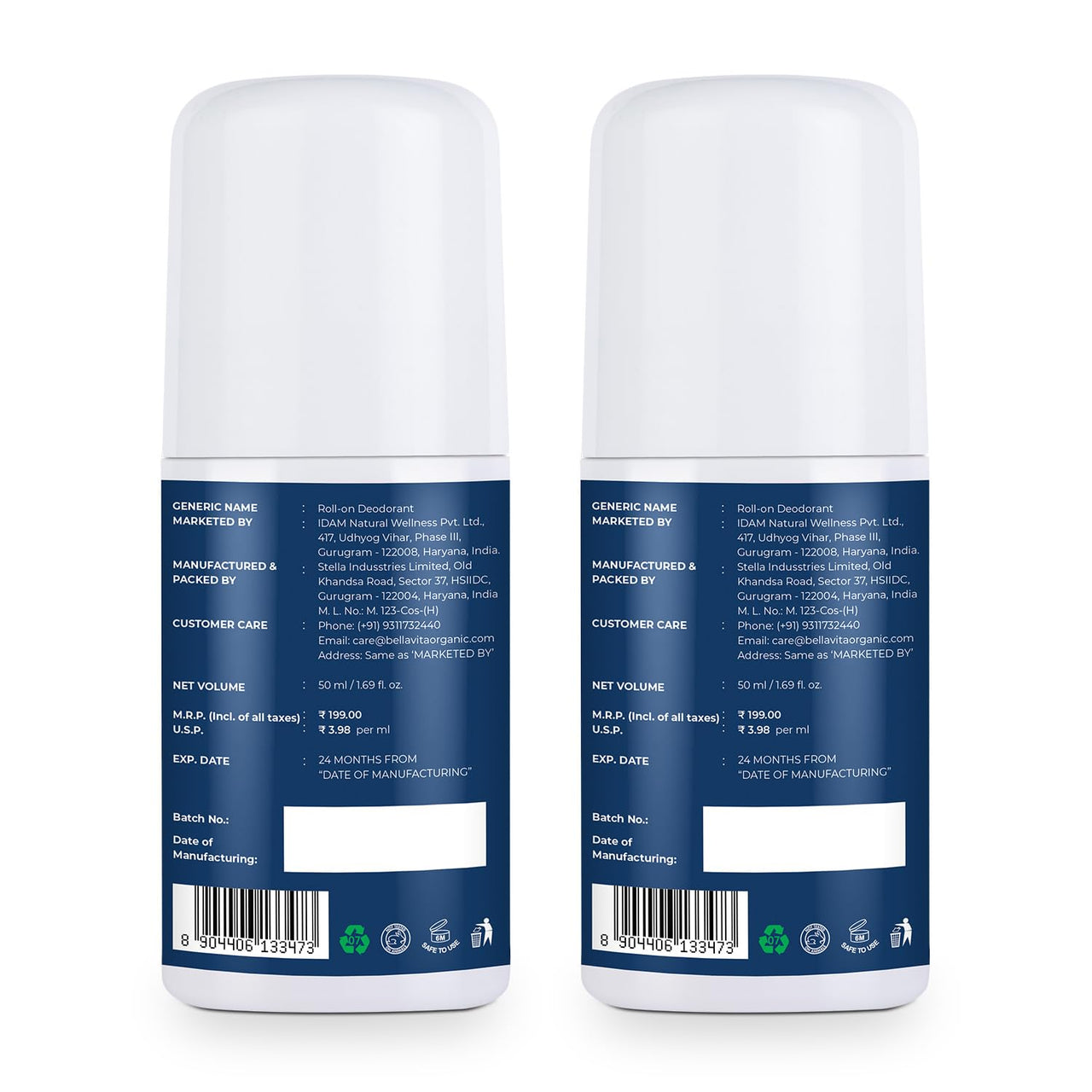 BELLAVITA Deo White Natural Underarm Roll On Deodorant for Men |Control Odour|Alcohol-Free| Antiperspirant for Long Lasting Freshness, 50ml Each (Pack of 2)