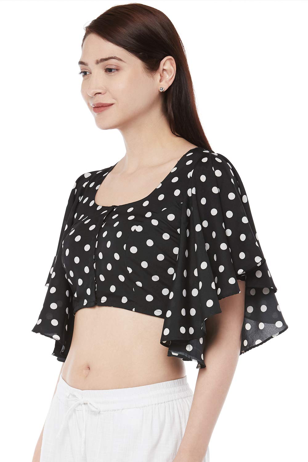 X3 Women's  Black & White Polka Dot Polyester Saree Blouse with Cape Sleeves