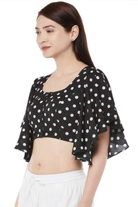 X3 Women's  Black & White Polka Dot Polyester Saree Blouse with Cape Sleeves