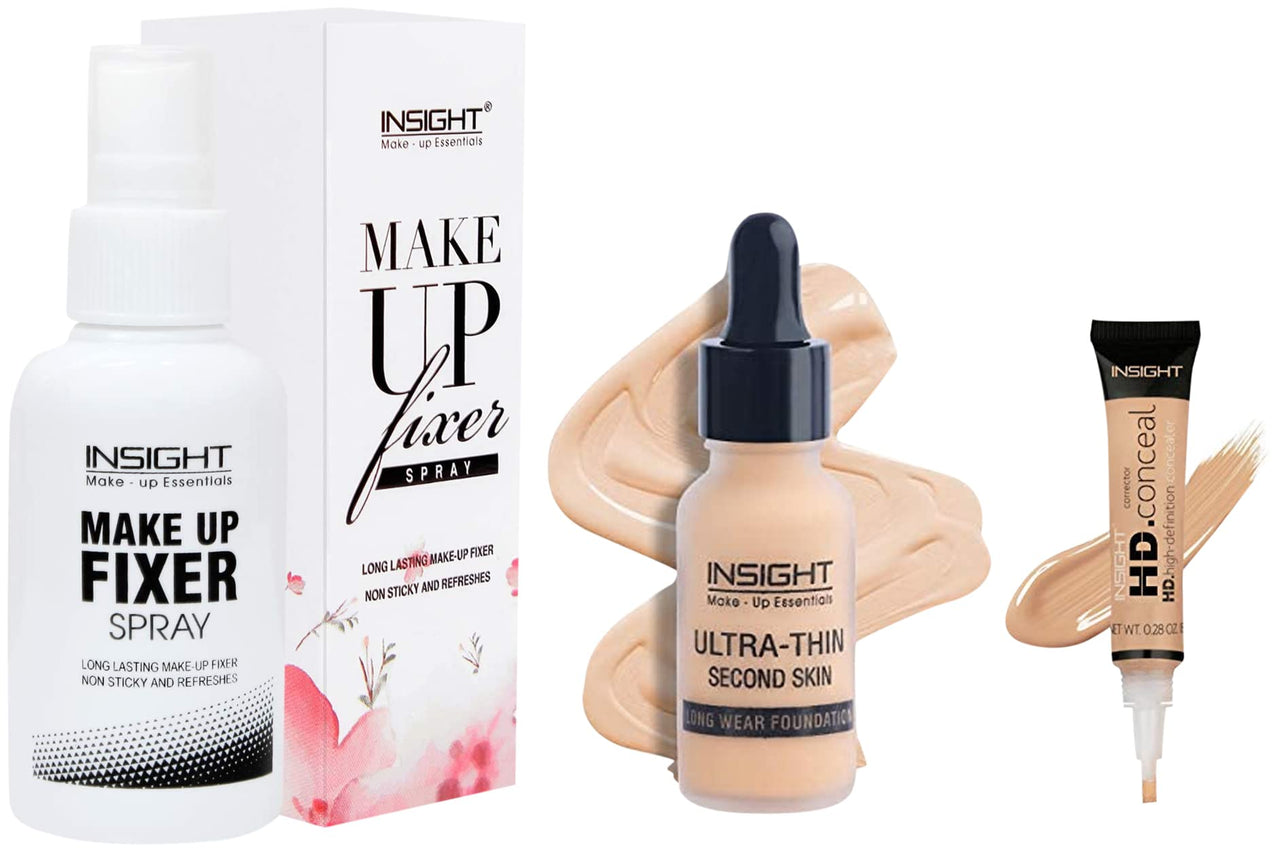 INSIGHT Pro Cream Concealer, Golden Sand-04 & Ultra-Thin Skin Cream Foundation, 20Ml (03-Sun Beige) & Makeup Fixer Spray 75Ml, Transparent, 1 Count (Sheer Matte) - Acne Prone Skin Type