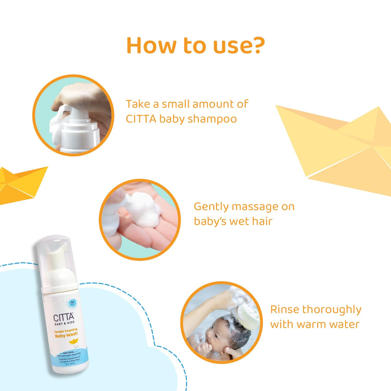 CITTA’s Tender Foaming Baby Wash with Coconut & Aloe vera | Soothe Dry Itchy Skin | Natural Baby Body Wash for Bath | Skin Friendly pH | Dermatologically Tested | 0-10 Years | 50ml