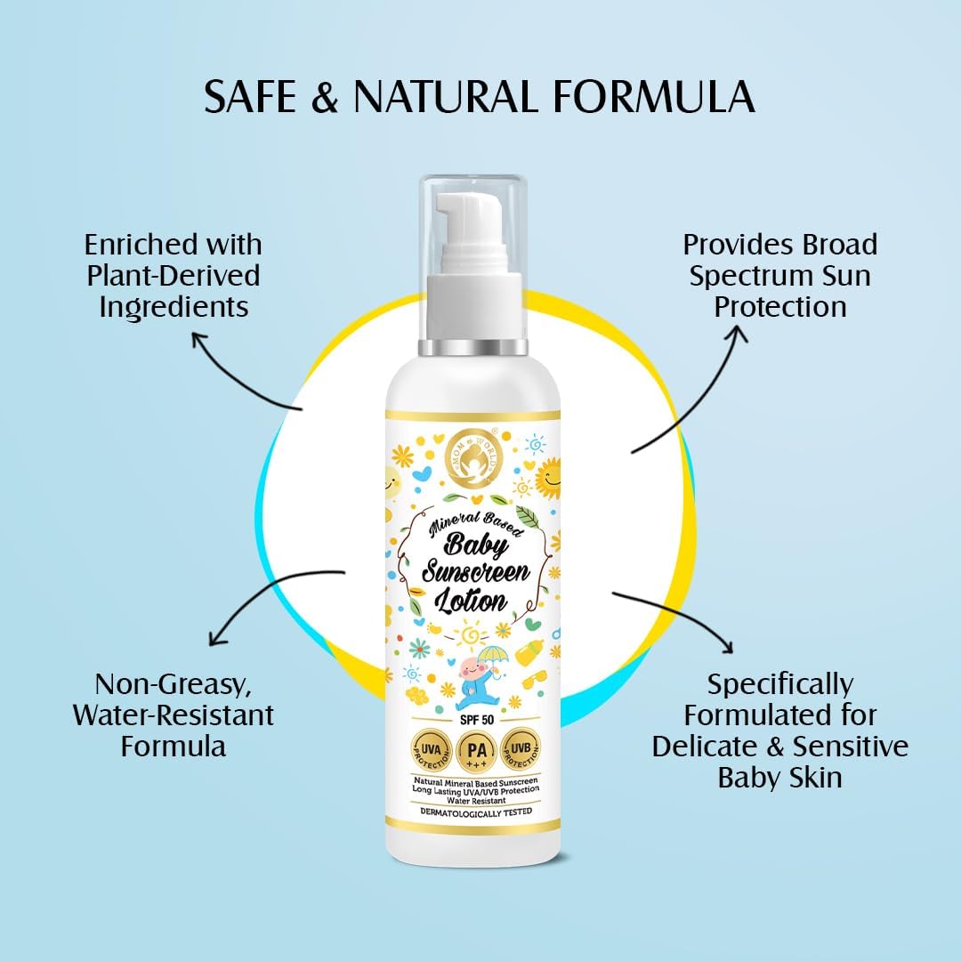 Mom & World Mineral Based Baby Sunscreen Lotion, Spf 50 Pa+++, Uva/Uvb Protection, Water Resistance, 120 ml