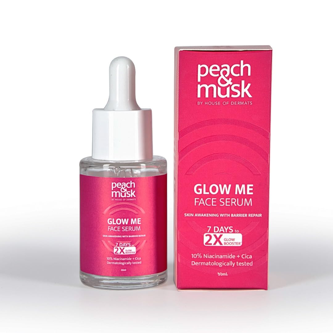 Peach and Musk Glow Me Face Serum with 10% Niacinamide & Alpha Arbutin, 2X Glow Booster, Repairs Skin Barrier, Reduces Pigmentation, Dark Spots, Blemishes & Pore Care for All Skin Types - 30ml