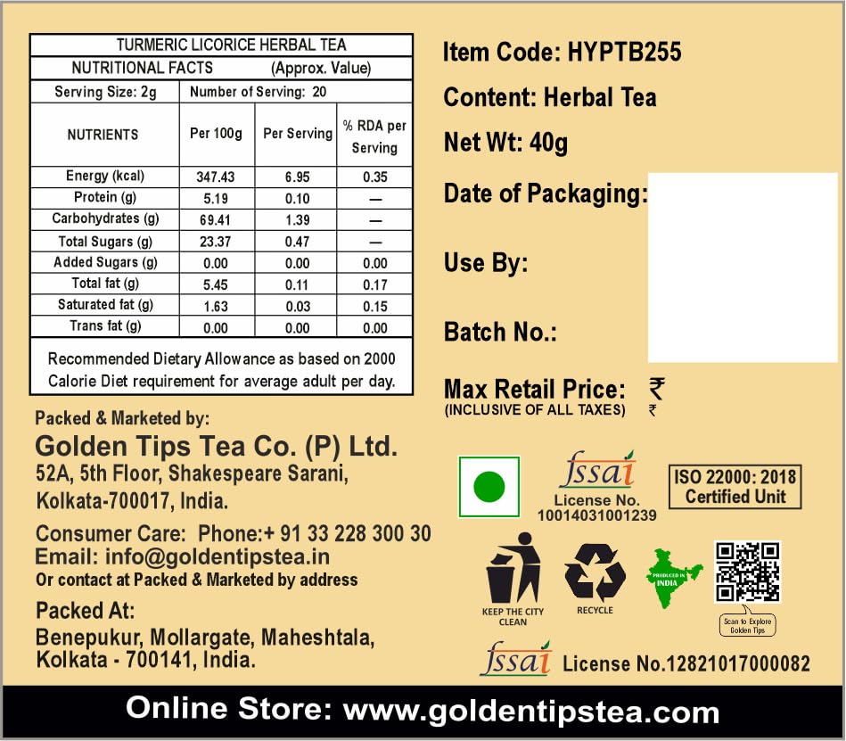 Golden Tips Turmeric Mulethi Herbal Tea, Soothing Caffeine-Free Tea with Ginger, Cinnamon & Black Pepper Nourishing Blend for Immunity, Digestion & Relaxation