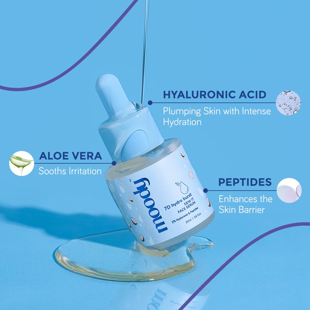 Moody 2% Hyaluronic Face Serum with Niacinamide Peptides For Dewy Hydrated & Plumped Skin With 7D Hydro Burst | Daily Hydrating Face Serum For Bouncy Skin | Paraben Free Serum for Men & Women | 20 ml