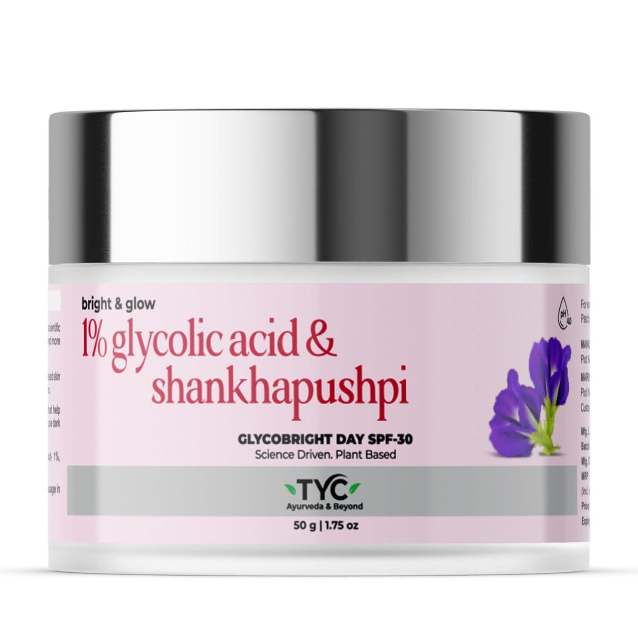 TYC - TRUST YOUR CHOICE Ayurveda Glycobright Day SPF-30 Face Cream For Bright And Glowing Skin With 1% Glycolic And Shankhapushpi, Plant Based - 50 gm (Pack of 1)