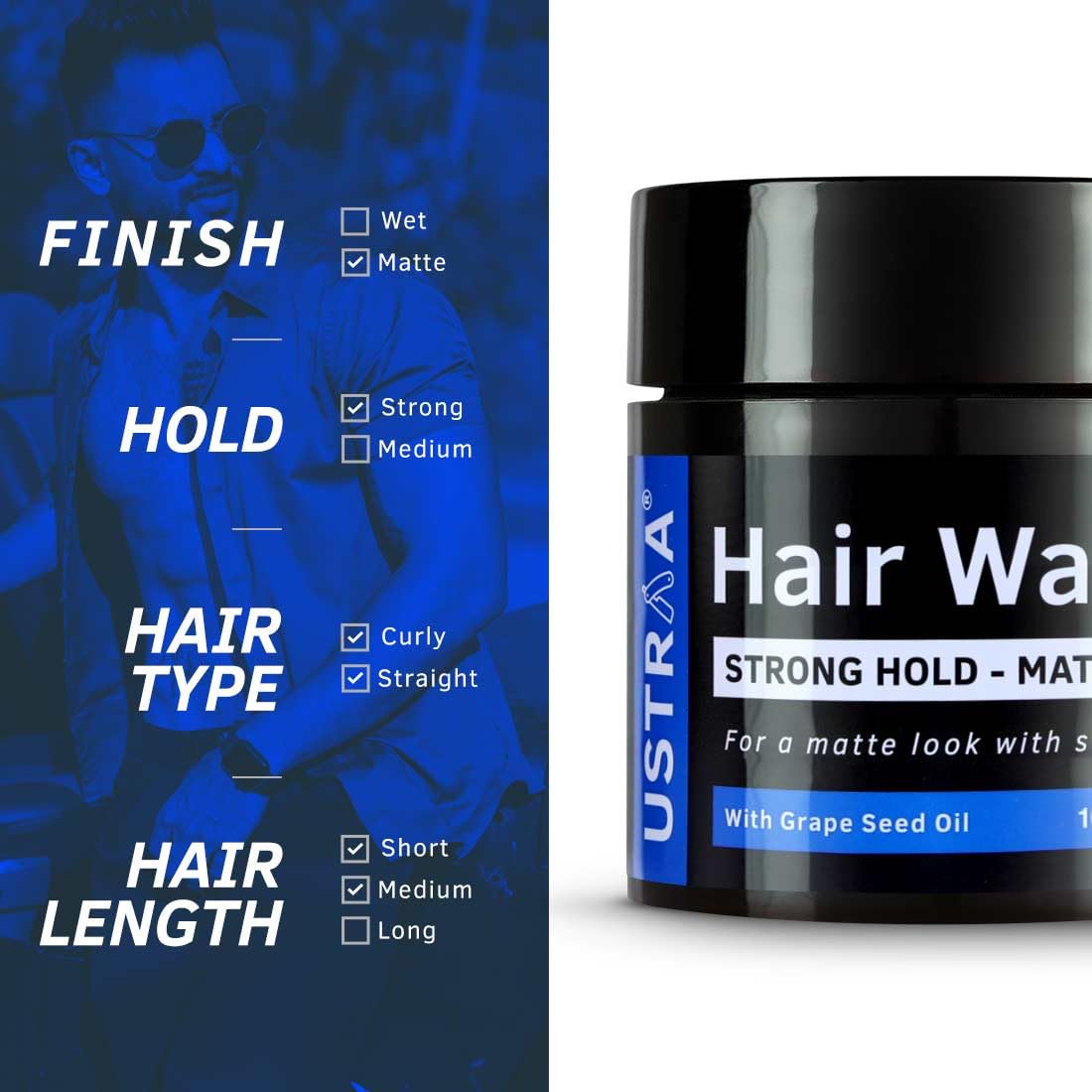 Ustraa Strong Hold Hair Wax - Matte Look 100g - (Set of 2) | Non-sticky Wax, Easy-to-Wash Strong Hold | For Non-glossy Matte Finish | Without harmful chemicals or fixatives