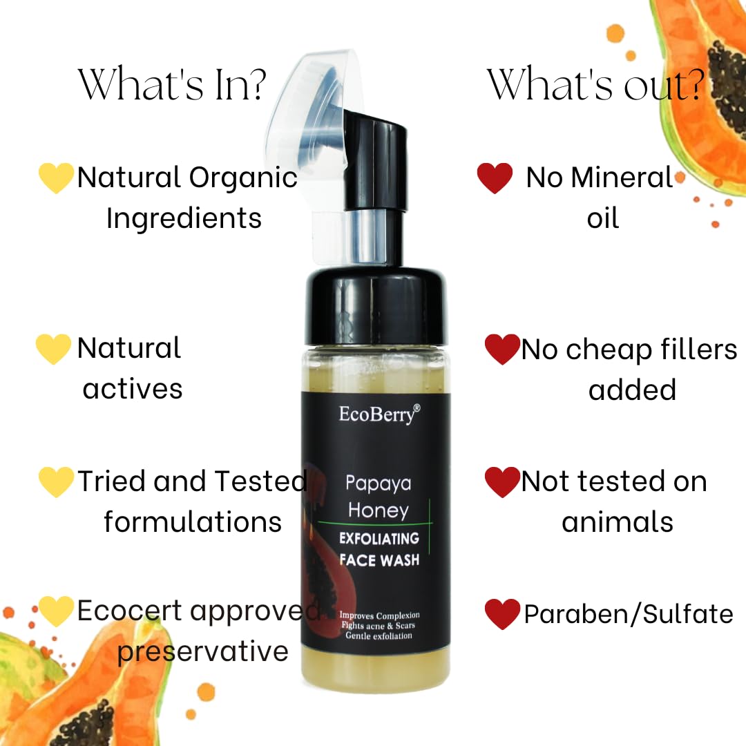 EcoBerry Papaya Honey Exfoliating Face Wash For Dull Skin, Dry Skin, Improve Complexion, Radiance, Moisturises, Exfoliation, Anti Ageing, Suits All Skin Types, Sulfate Free, Paraben Free, Veg, 150ml