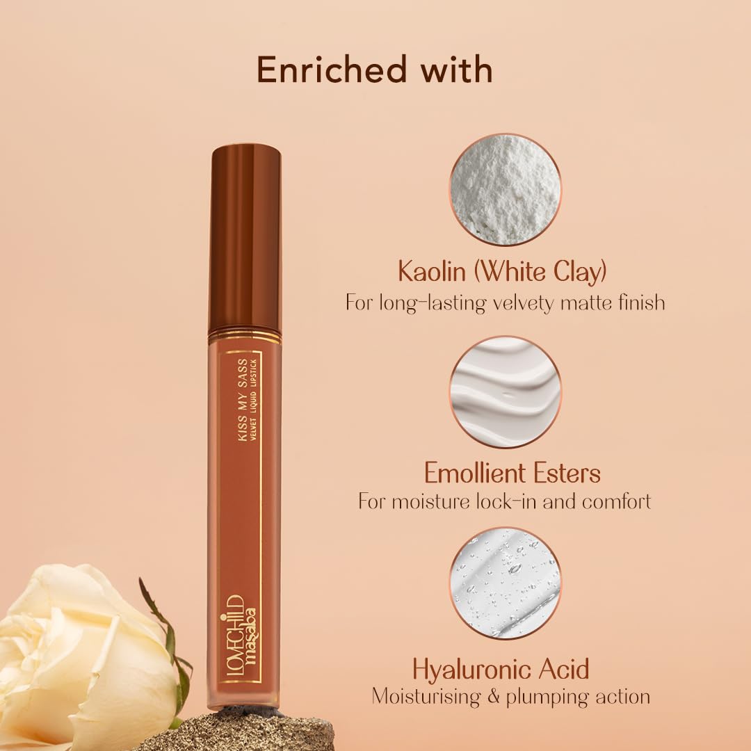 LoveChild Masaba Kiss My Sass Velvet Matte Lipstick (Burgundy Red), Intense Color, Transfer-Proof, Hydrating with Hyaluronic Acid, Long-Lasting & Lightweight, Smooth Glide Formula, OK Boomer! 2.5ml