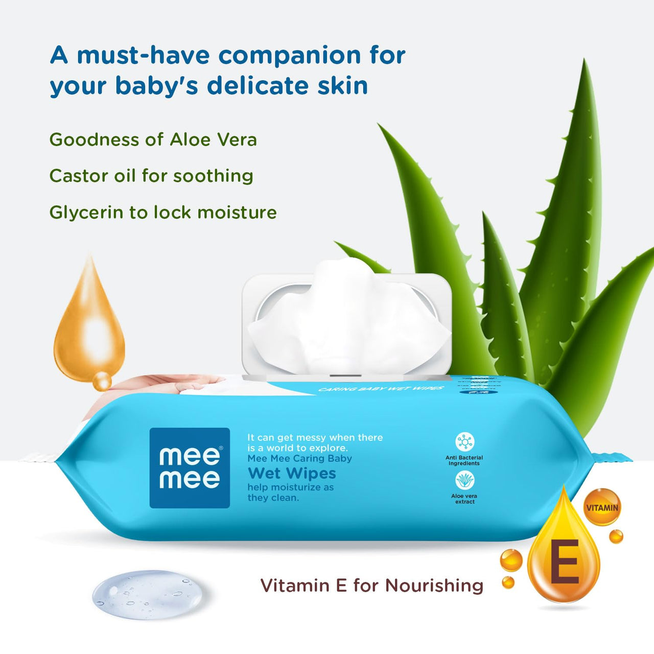 Mee Mee Caring Baby Wet Wipes with lid, 72 Pcs (Aloe Vera, Pack of 3)
