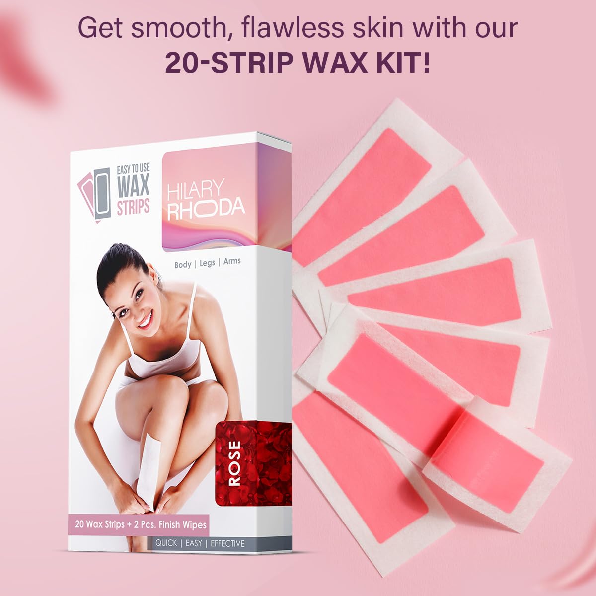 Hilary Rhoda Easy To Use Wax Strips | Gel Wax Hair Removal | Full Body Wax Strips for Arms,Legs & Body | Salon Like Results at Home Wax Strips | With 2 Finish Wipes | 20 Strips (Rose)