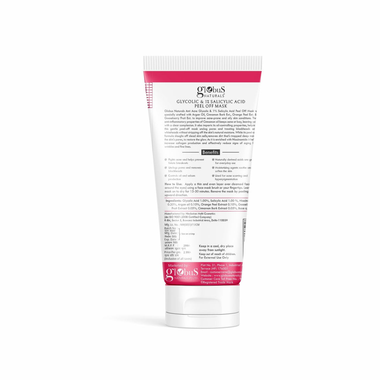 Globus Naturals Glycolic & 1% Salicylic Acid Anti Acne Peel Off Mask, For Oily & Acne Prone Skin,100 gms (Pack of 1)