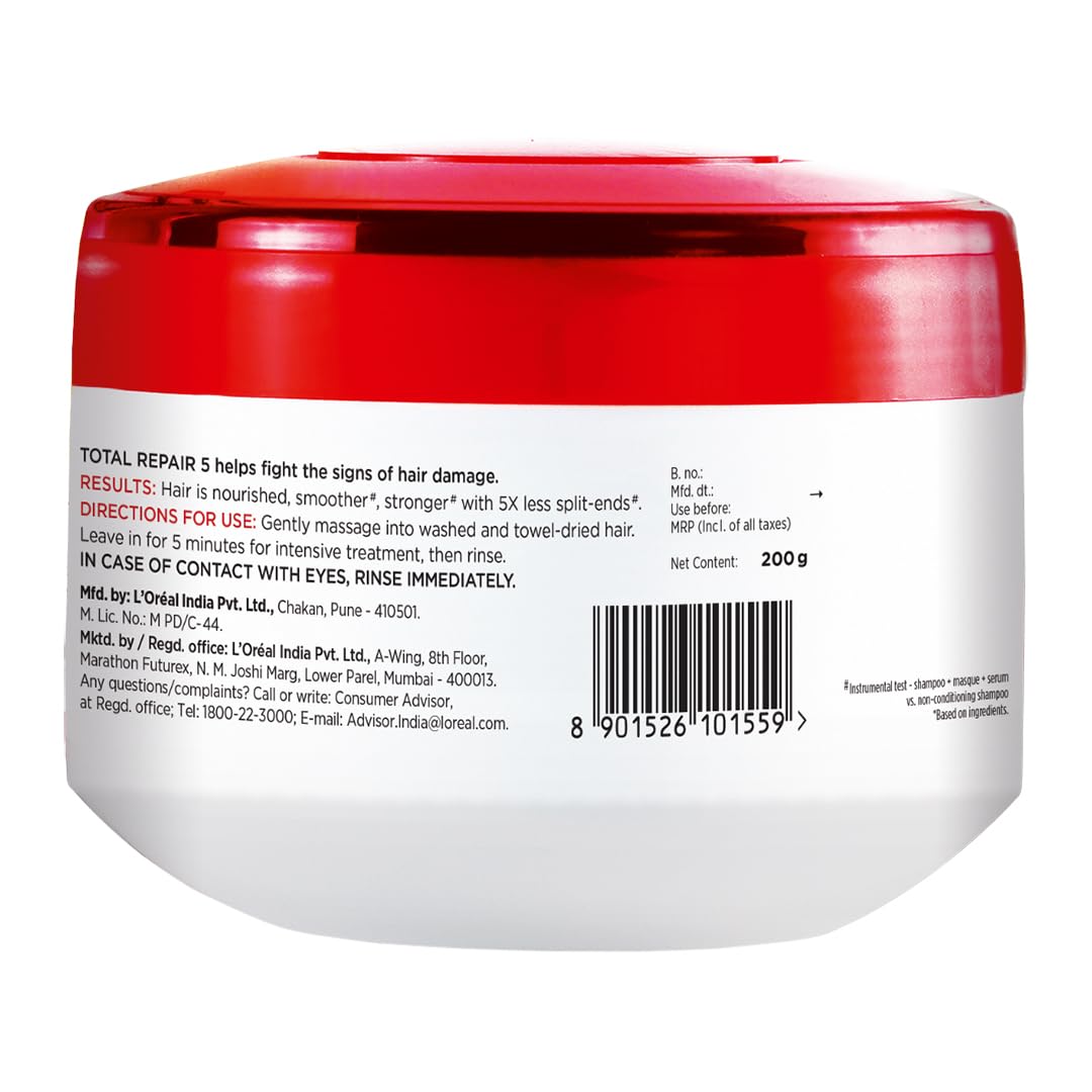 L'Oreal Paris Hair Mask, For Damaged and Weak Hair, With Pro-Keratin + Ceramide, Total Repair 5, 200ml (Pack of 2)