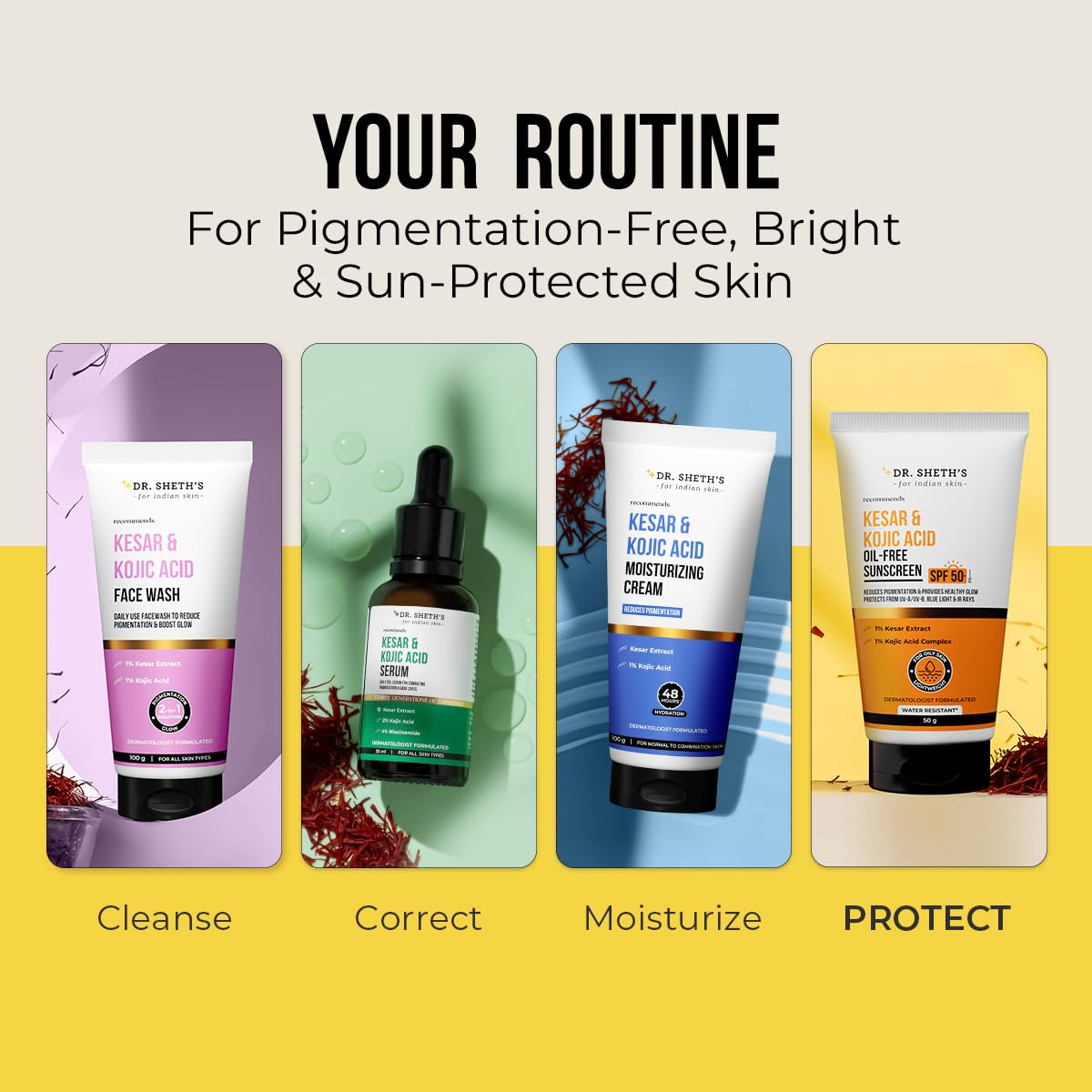 Dr. Sheth's Kesar & Kojic Acid Oil-Free Sunscreen SPF 50+ PA++++|Clinically Tested- (In -Vivo)| Reduces Pigmentation & Provides Healthy Glow | For Oily Skin | Lightweight, Non Greasy | UVA/UVB & Blue Light & IR Protection | No white cast | 50 g
